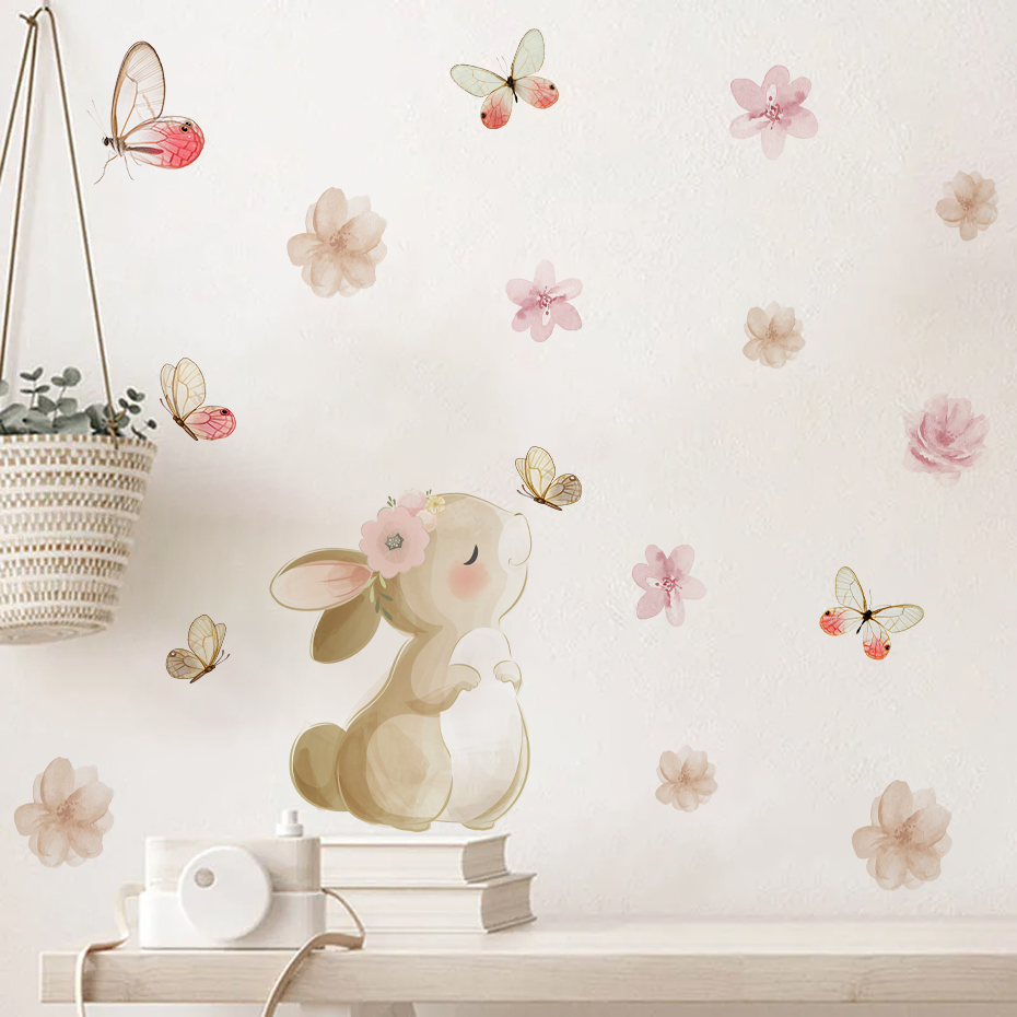 Baby Nursery Decor Girl - 漫画ウサギの花蝶ウォールステッカー子供保育園女の子の部屋子供ベビー寝室リビングルームアート家の装飾デカール